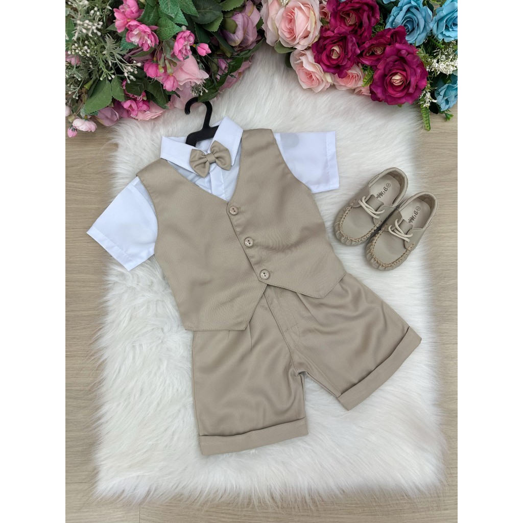 Conjunto Social Infantil Menino Colete Bege Shorts Gravata Batizado Pajem