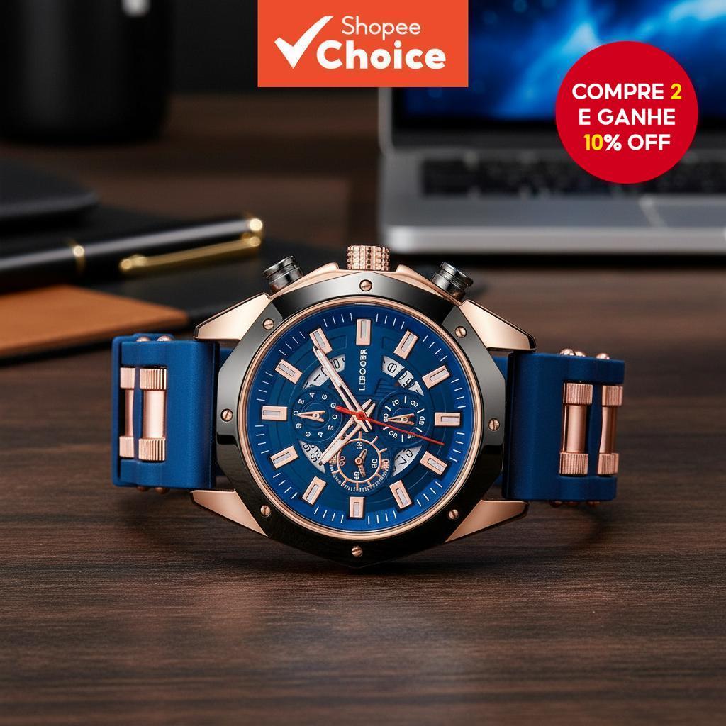 Relógio de Quartzo Masculino Esportivo com Pulseira de Silicone, Data e Calendário, Caixa