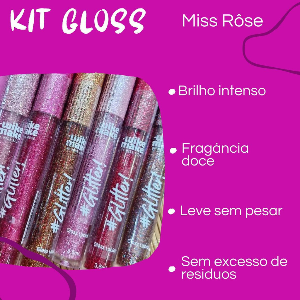 Gloss Labial com Glitter Wike Make by Miss Rôse - Carnaval | Brilho Intenso | Cores 01 a 06