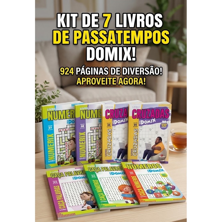 Kit 7 Livros Cruzadas, Caça Palavras, Numerix E Caça Números - Domix C/ 924 páginas