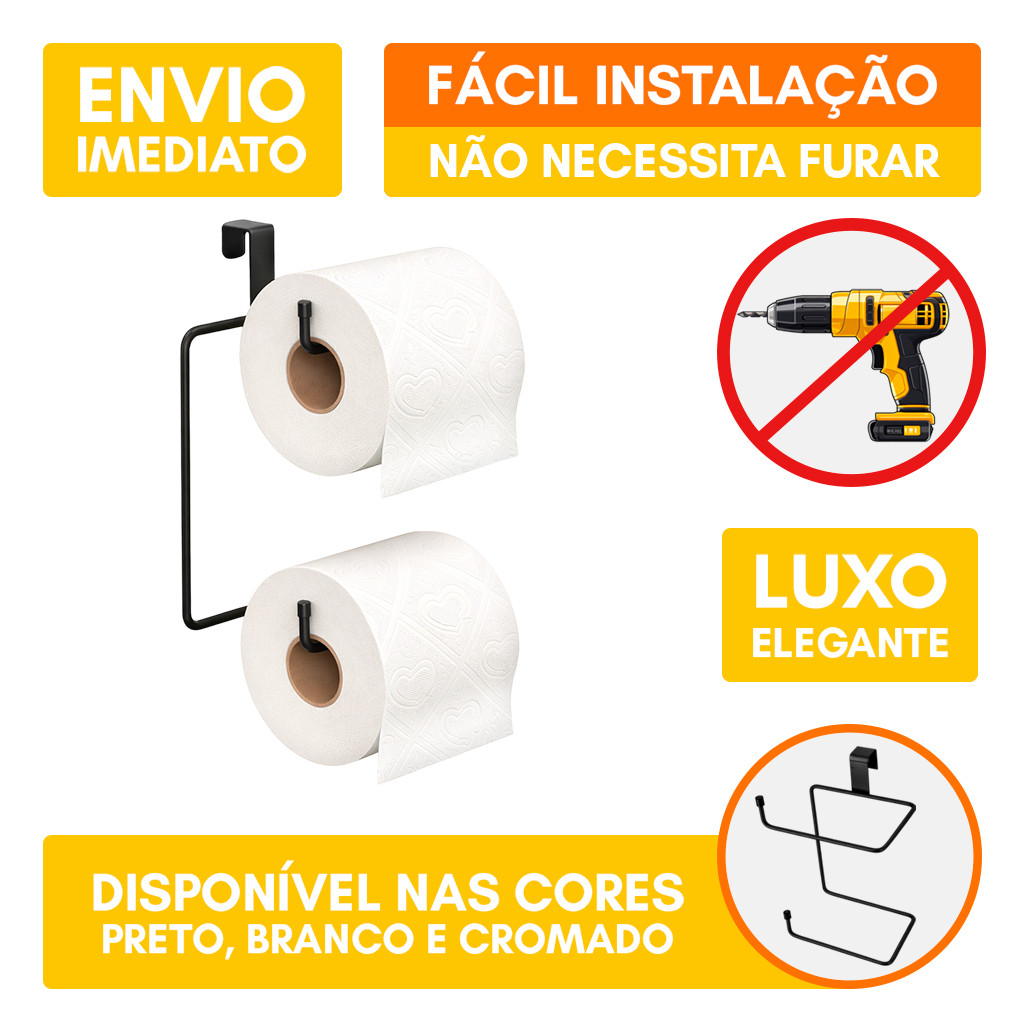 Suporte Porta Papel Higienico Duplo Caixa Acoplada Aramado Aço Preto Cromado Branco Resistente