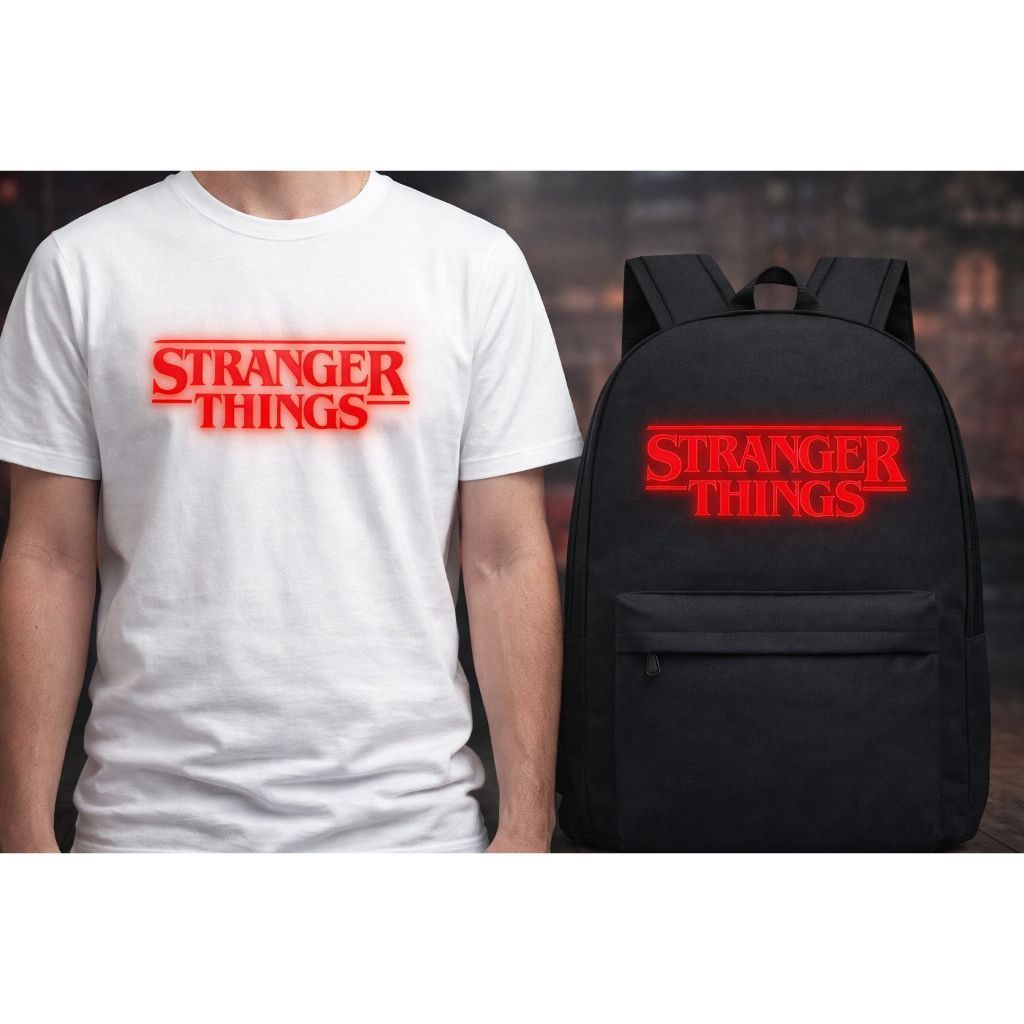 Kit Camiseta+Mochila Stranger Things Casual Reforçada Espaçosa Masculino Feminino Promoção Camiseta 100% Algodão 30.1