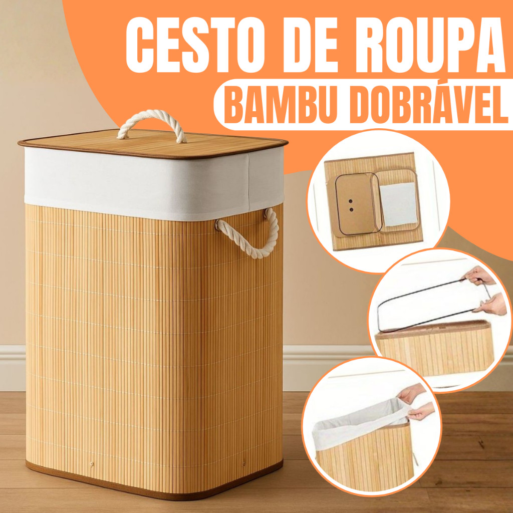 Cesto de Roupa Bambu 60L  Dobrável – Organizador com Revestimento Interno alta capacidade