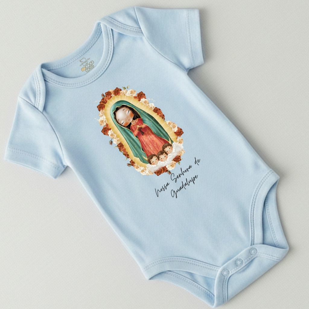 Body Bebê Santinhos Manga Curta Criança Infantil Religioso Macacão Nossa Senhora de Guadalupe Macacão
