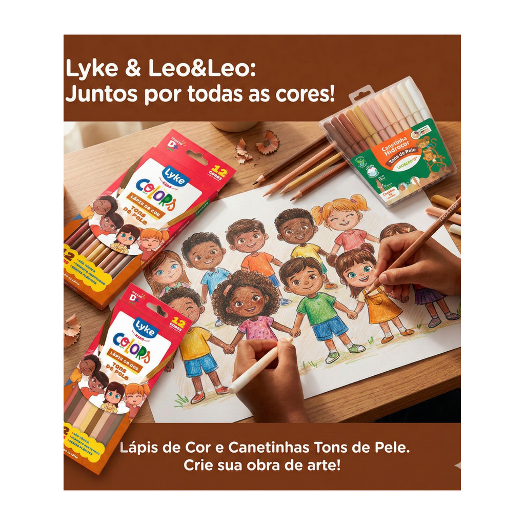 Kit Tons de Pele 24 Peças: 12 Lápis Lyke + 12 Canetinhas Leo&Leo