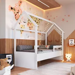 Cama Infantil Casinha Montessoriana Solteiro 188x78 com 2 Regulagens e Proteção Lateral Branca