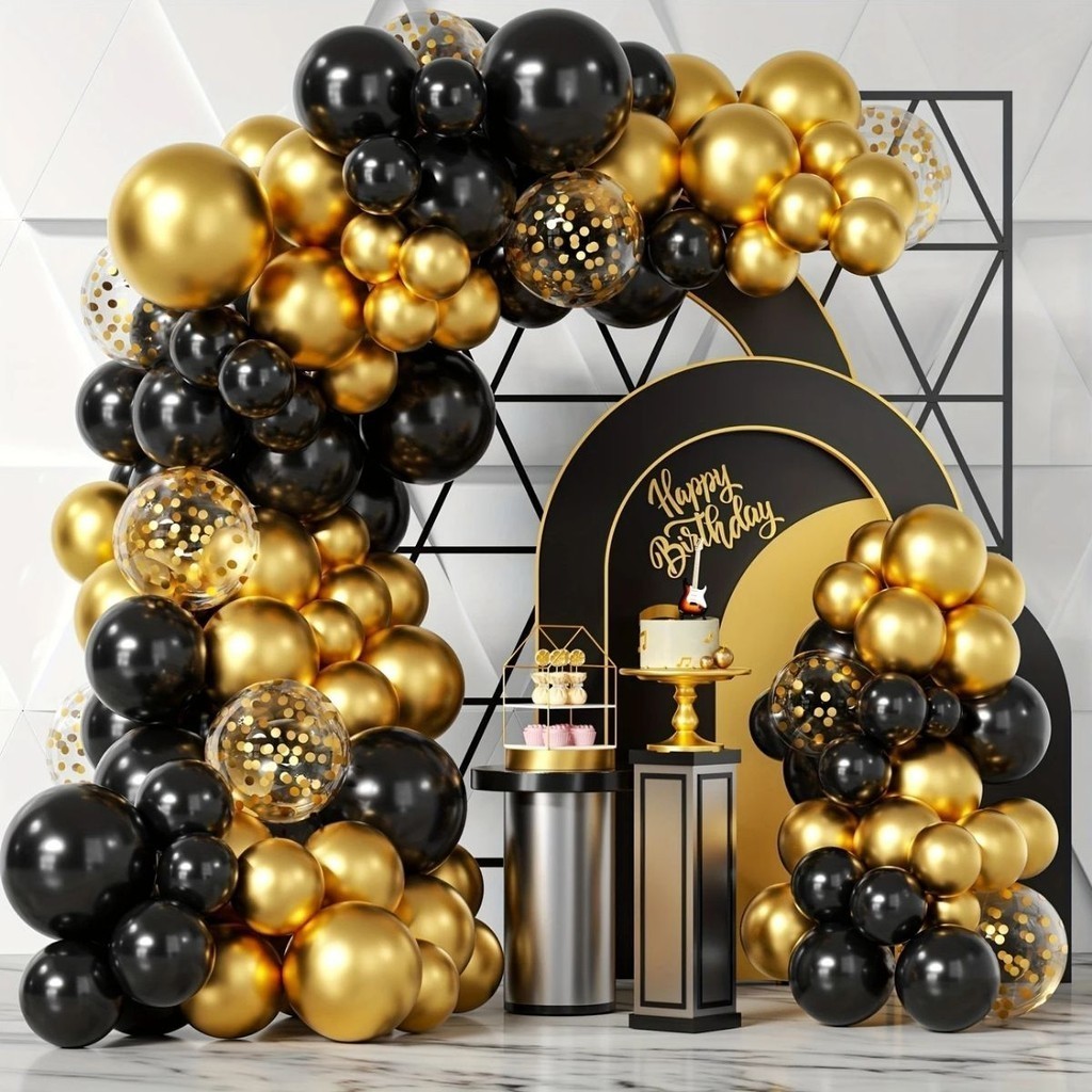 Kit Festa 145 Balões Luxo Preto Liso e Dourado Gold Cromado Metalizado Decoração Aniversario Arco Desconstruído + Fita