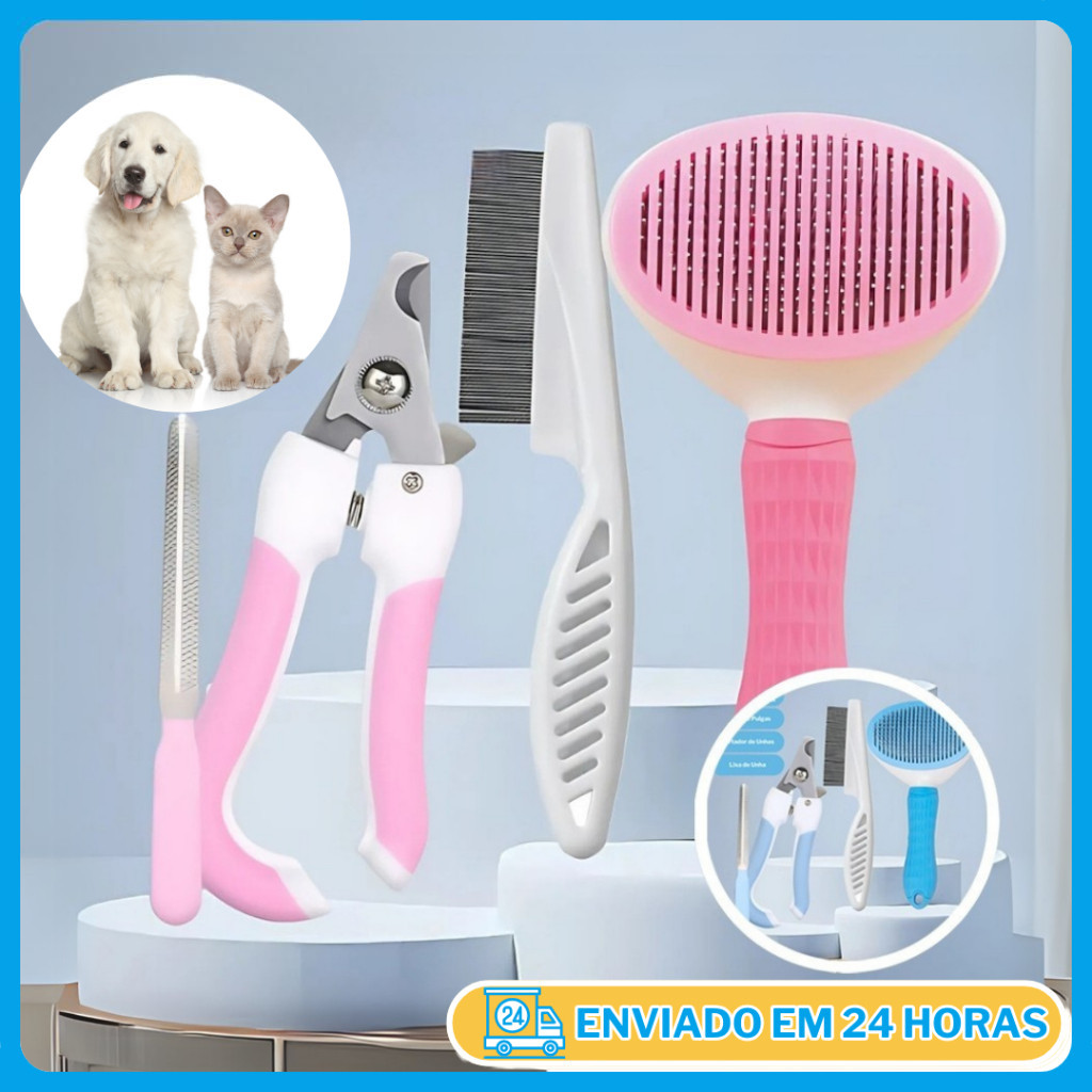 Kit Higiene Completo para Cães e Gatos - 4 Itens Essenciais Escova Pente Anti-Pulgas Cortador Lixa