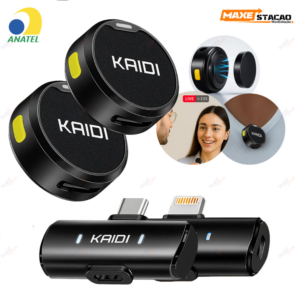 Kit Kaidi Profissional: 2 Microfones Lapela Sem Fio com Anti-ruído, Imã Redondo e Entrada Dupla USB-C/iPhone