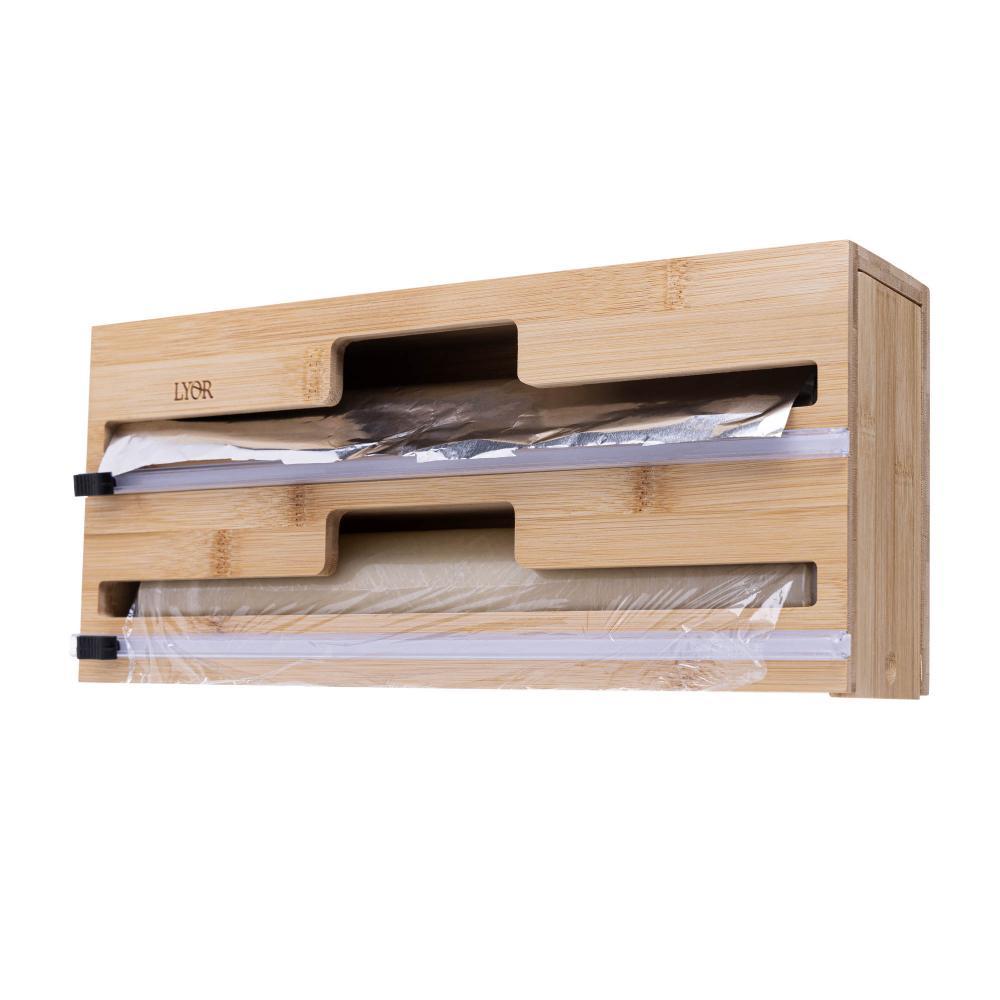 Suporte de Parede 2 em 1 Papel Alumínio Plástico Filme Bambu Lyor 33cm Organizador Cozinha Economia de Espaço Prático
