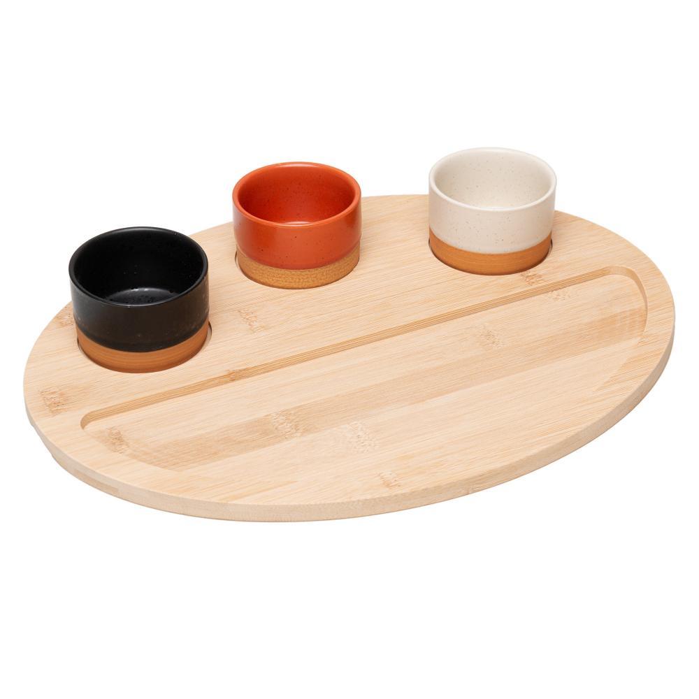 Conjunto 3 Petisqueiras com Bandeja de Bambu 33cm Lyor para Servir Aperitivos Queijos Frutas Molhos Doces Mesa Posta Lar