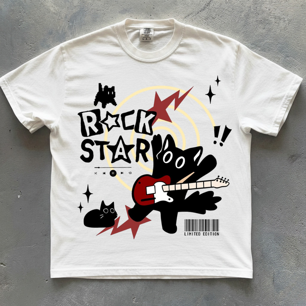 Camiseta Gatinho Rock Rockeiro Fofa Algodão Regular e Oversized Plus Size Confortavel