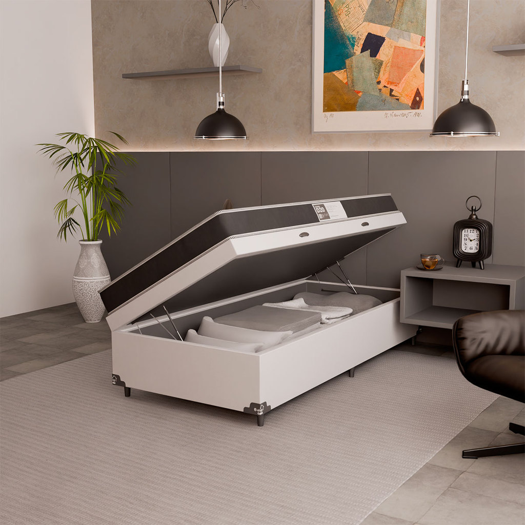 Cama Box Baú Solteiro + Colchão D20 - Couro Branco