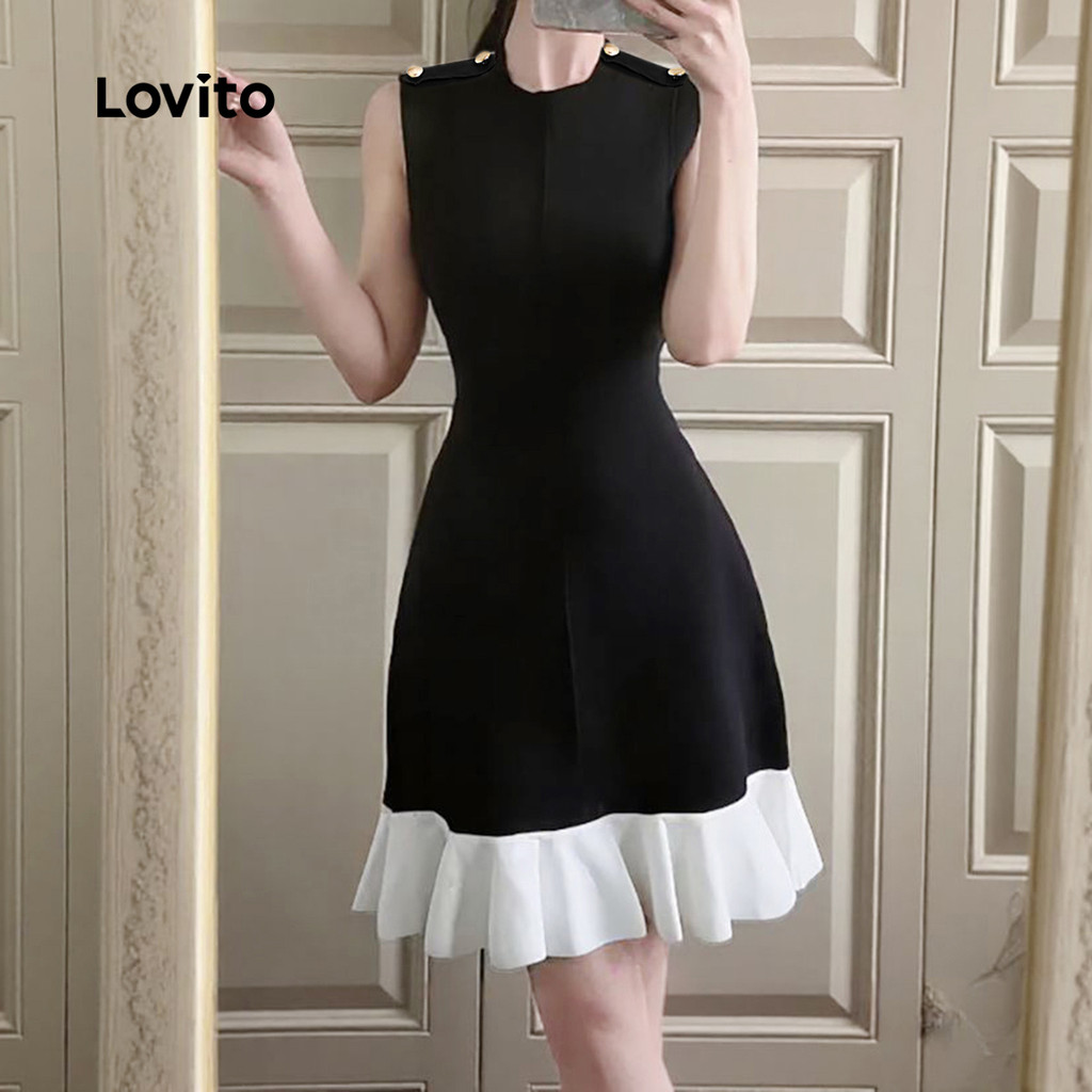 Lovito Vestido Elegante com Fivela Metálica Primavera/verão Preto para Mulheres. L172ED764 · foto 2
