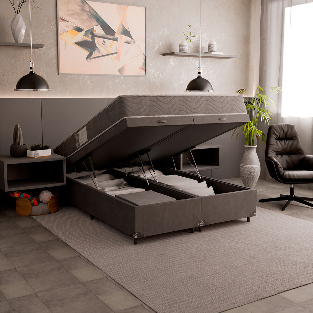 Baú Casal Bipartido + Colchão D33 One Face - Suede Cinza - e-Shop Casa em Oferta na Shopee