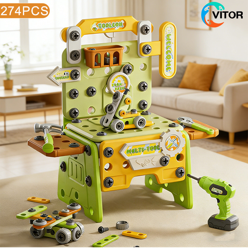 Brinquedo Infantil Caixa de Ferramentas 274 Peças | Kit Montagem com Parafusos e Furadeira para Meninos 3-6 Anos VITOR