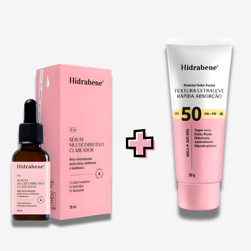 Kit Hidrabene Original: Sérum Multicorretivo Clareador + Protetor Facial FPS 50 - Duo Skincare Antimanchas em Oferta na Shopee