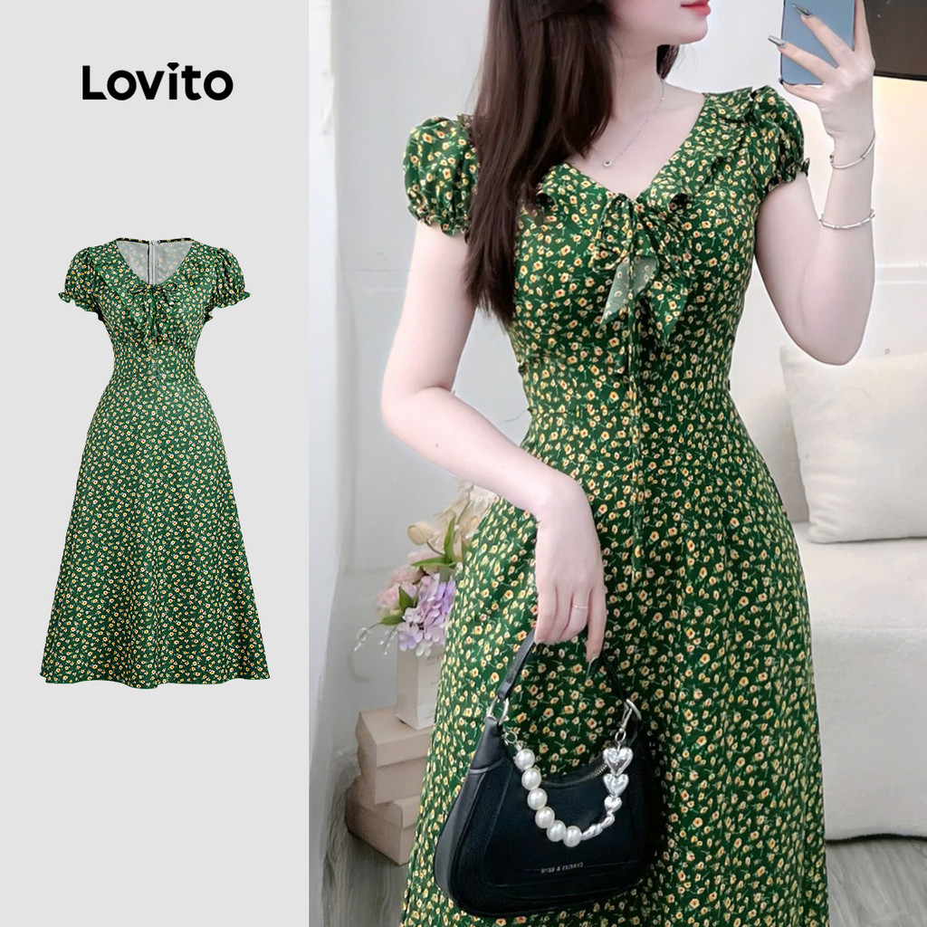 (Férias) Lovito Vestido com Laço Babados e Estampa para Primavera/verão Verde pa