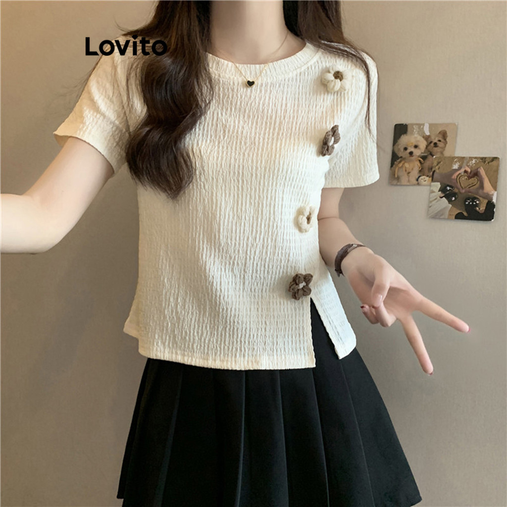 Lovito Camiseta Casual Com Pregas De Flores Lisas Para Mulheres LNA66479 (Multicolorido) em Oferta na Shopee