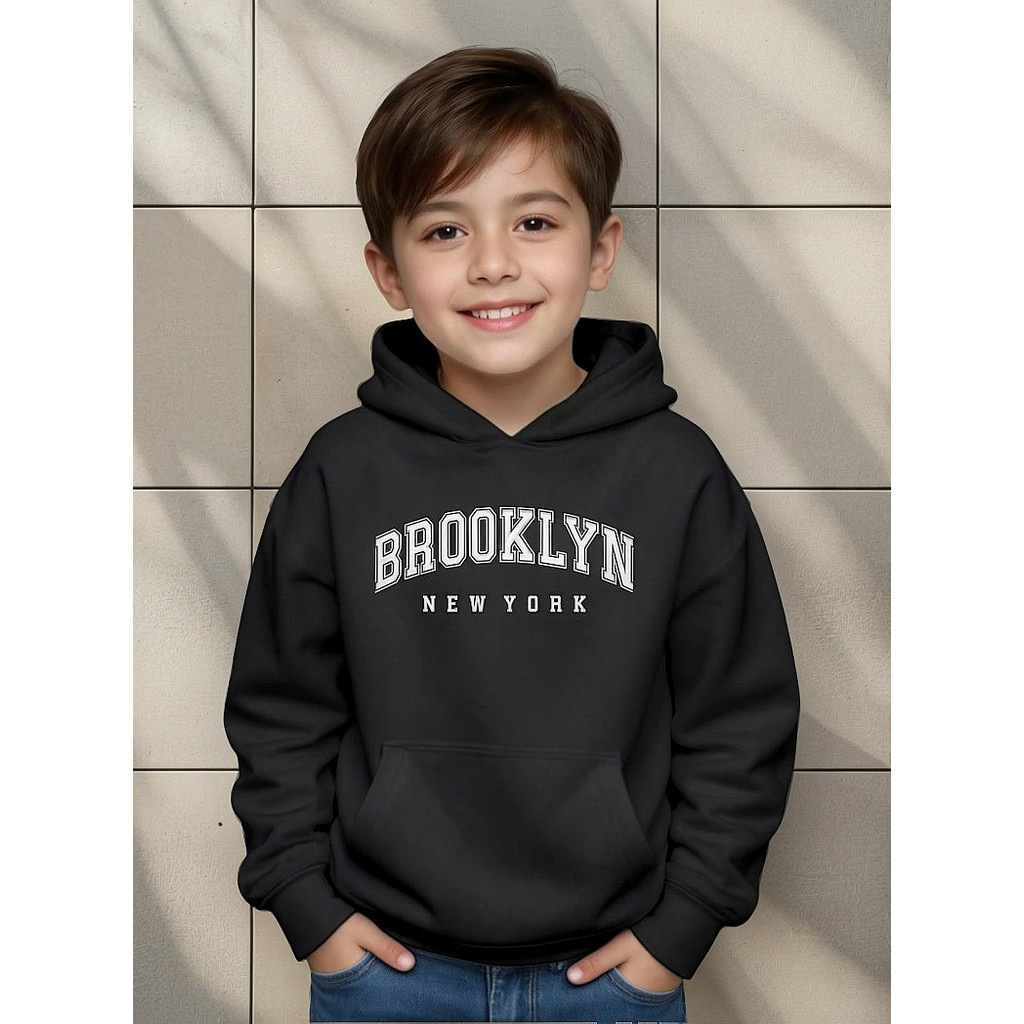 Moletom Infantil Menino Blusa de Frio Com Capuz Bolso Estampado Canguru Brooklyn Juvenil Agasalho Frio Flanelado