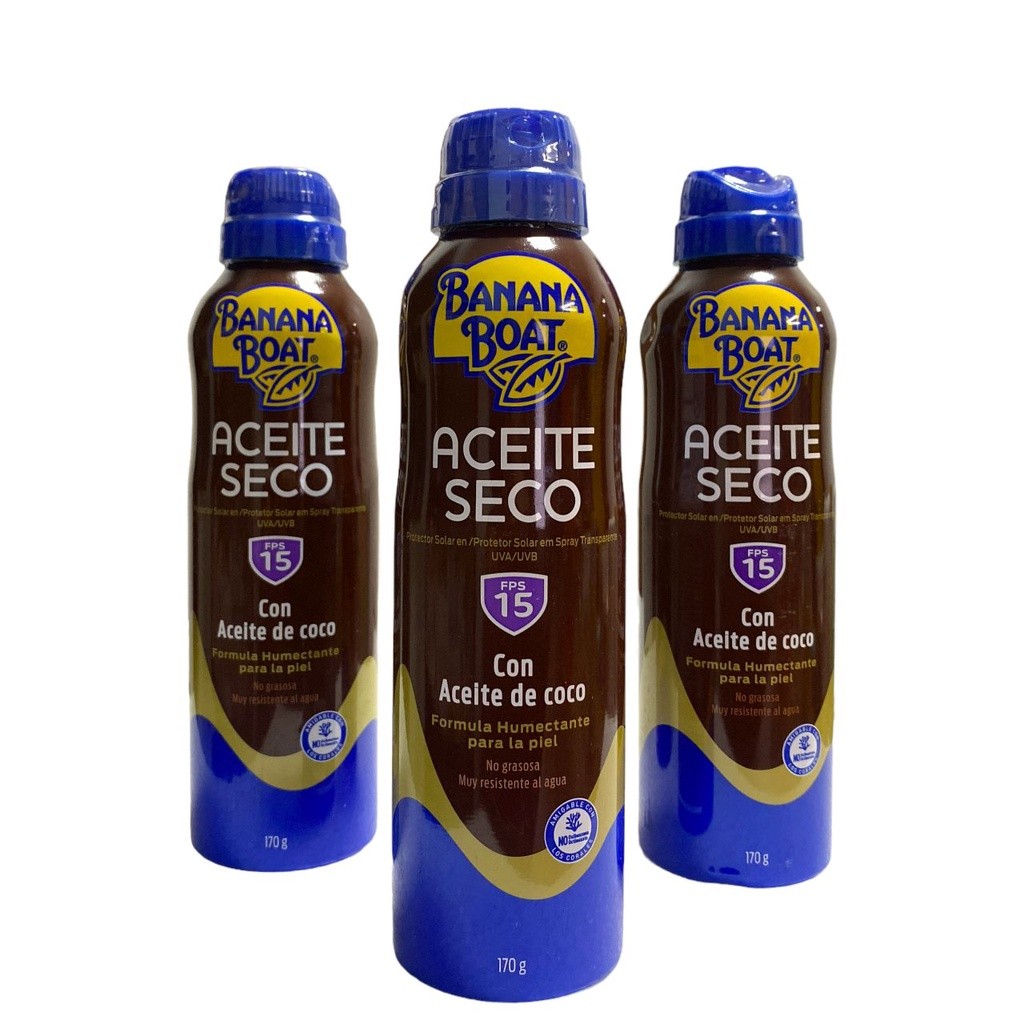 3 Bronzeador Spray Solar  Banana Boat Aceite Seco Fps15 VAL 04/2027 em Oferta na Shopee