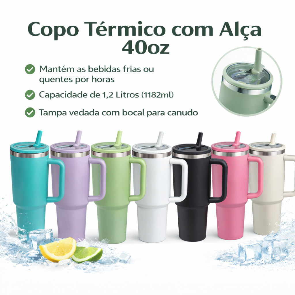 Copo Térmico Inox 1200ml Com Alça e Canudo | Garrafa Grande Parede Dupla Academia Carro 🚀 Pronta Entrega