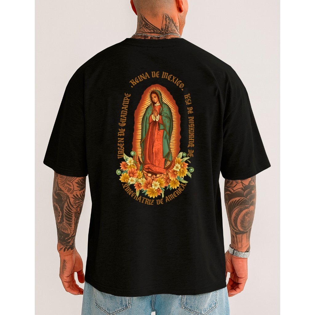 Camiseta Masculina Oversized Streetwear Religiosa Guadalupe