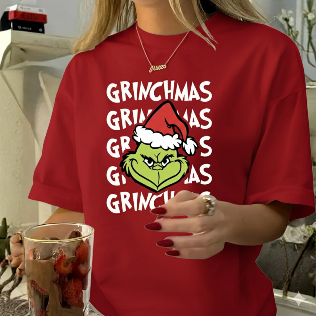 Camiseta Oversized Feminina de Natal Black Friday Merry Grinchmas Personagem Grinch Camisa Larga Blusão 100% Algodão