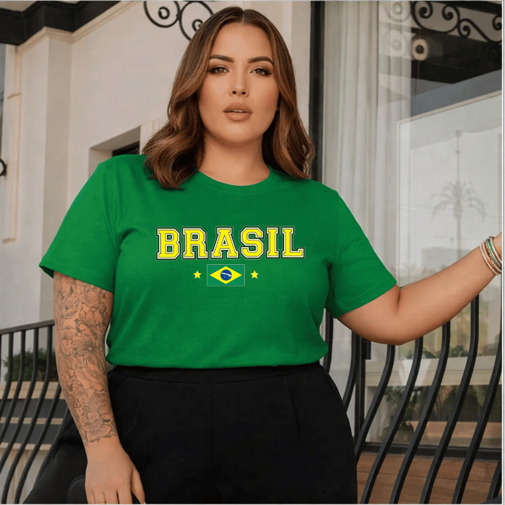 Camiseta Feminina Plus Size Estampada Brasil Academia Treino 100% Algodão Premium Copa do Mundo