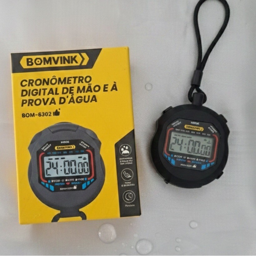 Cronômetro Digital de Mão 1/100 Segundos Preto com Hora, Data e Despertador