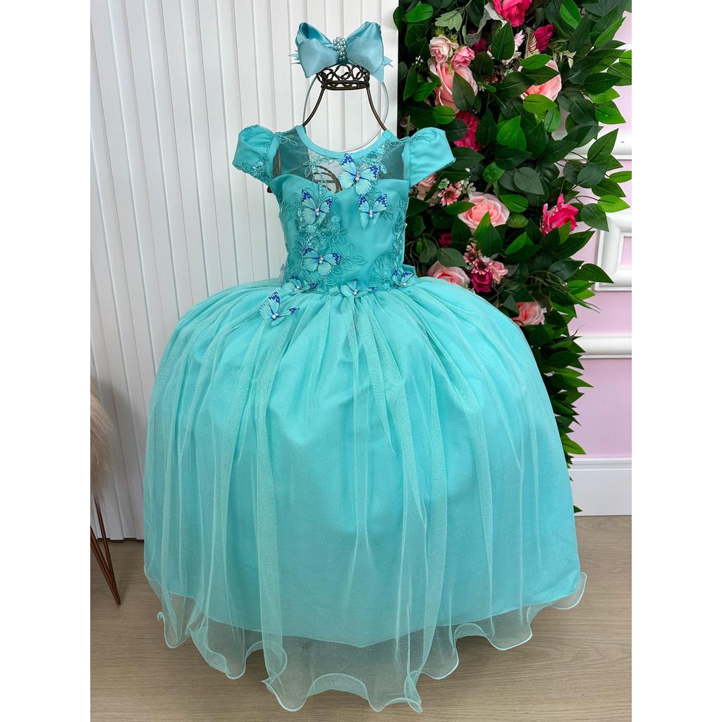 Vestido Infantil Menina Longo Verde Tiffany Jardim Encantado Borboletas Daminha Formatura Casamento
