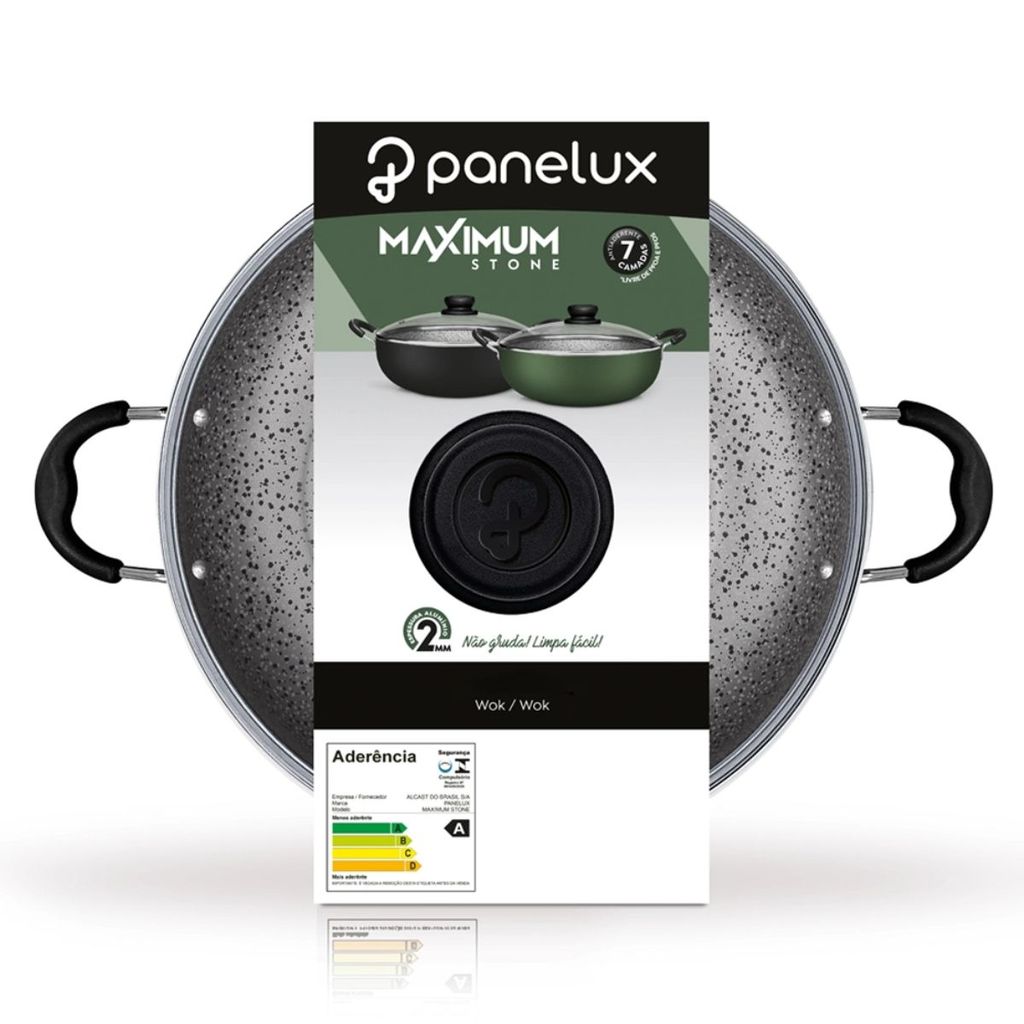 Panela Wok Maximum Stone Panelux  7 Camadas Antiaderente Alumínio 2mm + Tampa Vidro Selo "A" Inmetro