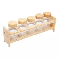 Jogo 5 Porta Temperos Vidro Borossilicato Tampa Bambu 120ml Wolff - Organizador com Suporte de Bancada
