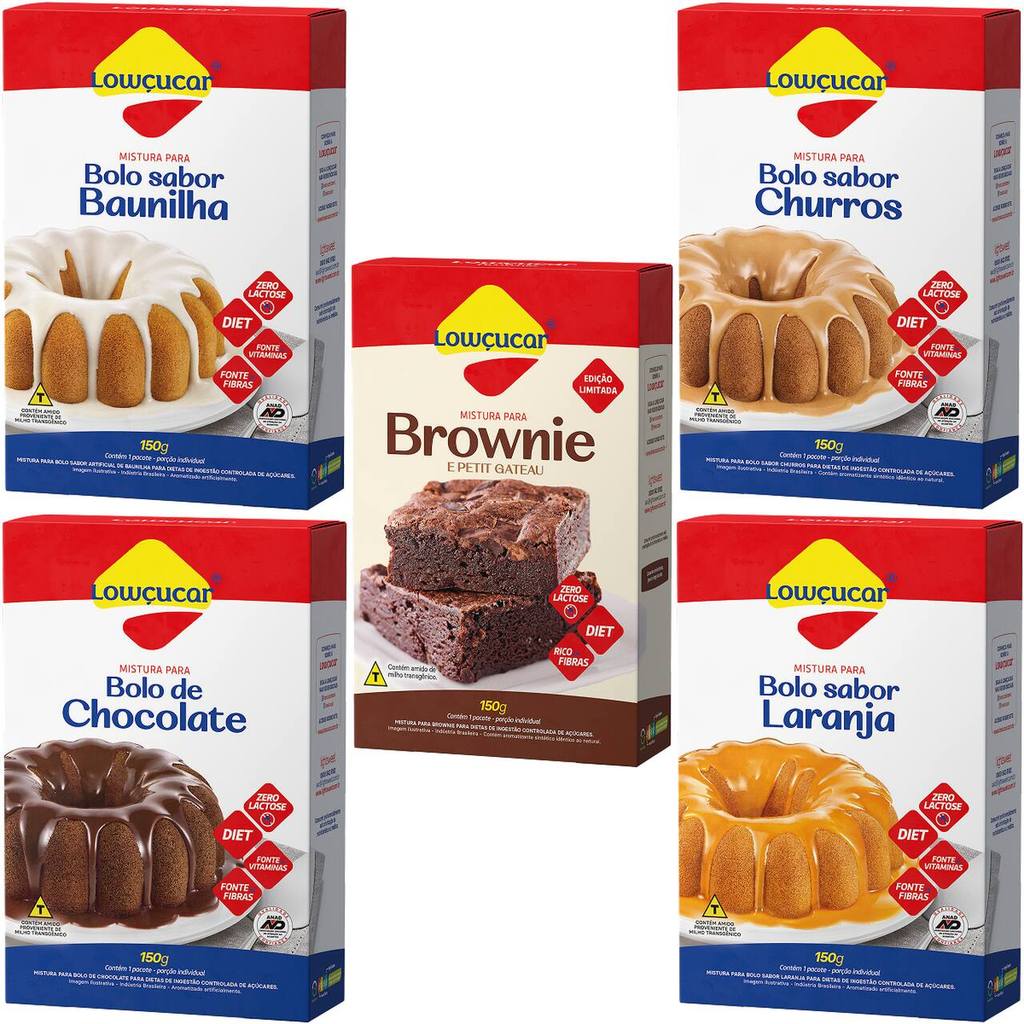 Kit com 5 Unidades de Bolo e Brownie Lowçucar Sabores Variados, Doces Zero Lactose, Vitamina B, 150g