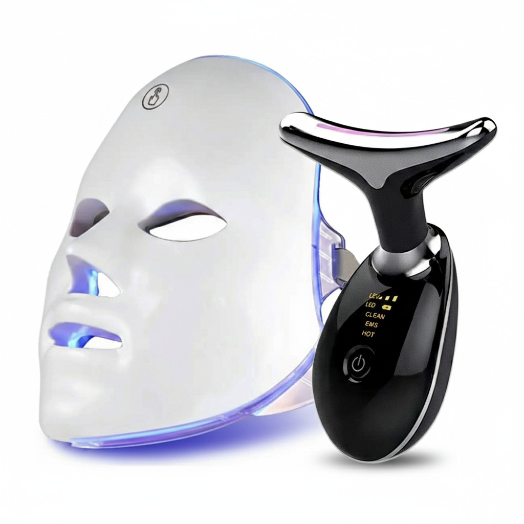 BEAUTY MASK - KIT MASCARA LED TRATAMENTO FACIAL + MASSAGEADOR FACIAL PORTÁTIL PRETO