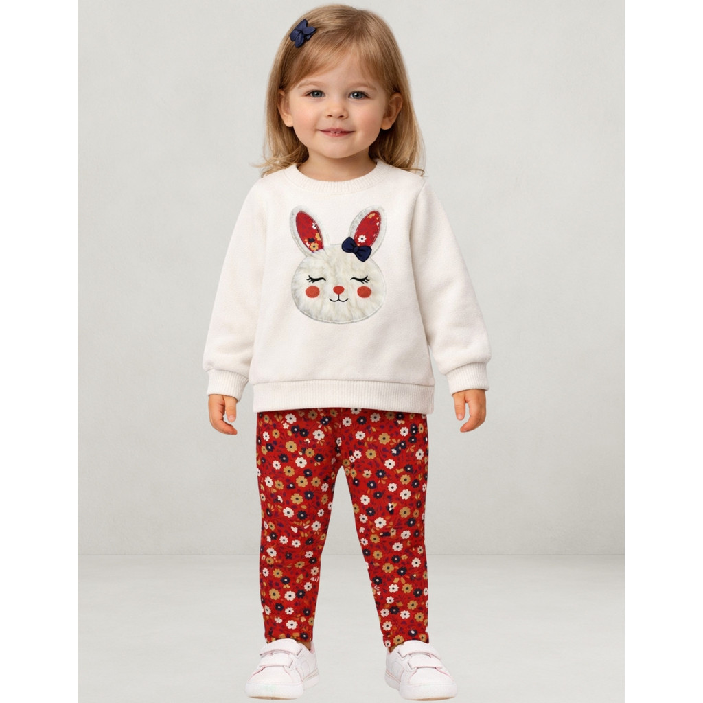 Conjunto Infantil Kyly Menina Blusa Moletom Peluciado Off White e Legging Estampada 1001512