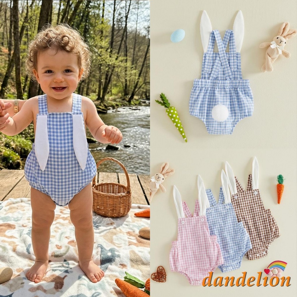 Macacão Coelhinho Da Páscoa Para Menino/Menina | Body Com Suspensório De Guingão Orelha De Coelho 3D , Peça Única Xadrez