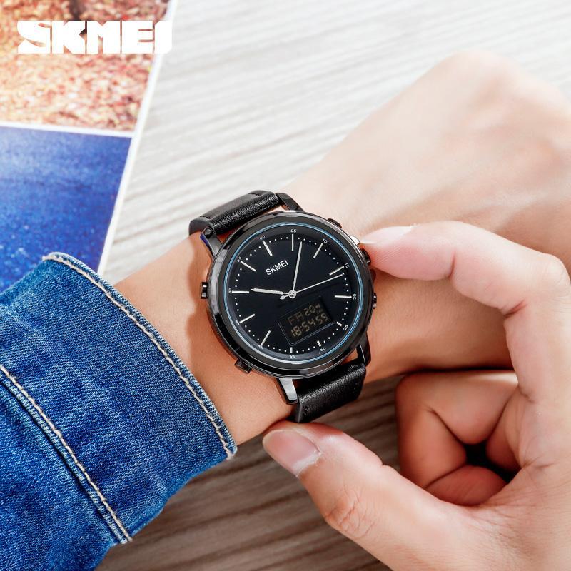 SKMEI 1652 Relógio De Pulso Digital Masculino Chrono Alarm Com Pulseira De Couro À Prova D'água hombre Dual Display
