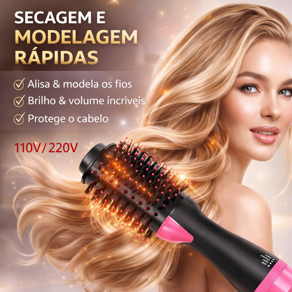 Escova Secadora 3 em 1 Profissional 1000W Bivolt – Alisadora e Modeladora com Aquecimento Rápido em Oferta na Shopee