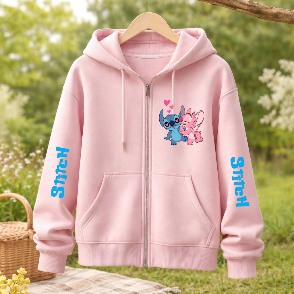 Blusa de Moletom com Ziper Casaco Quentinho Capuz Bolso Lilo Stitch Infantil Menina
