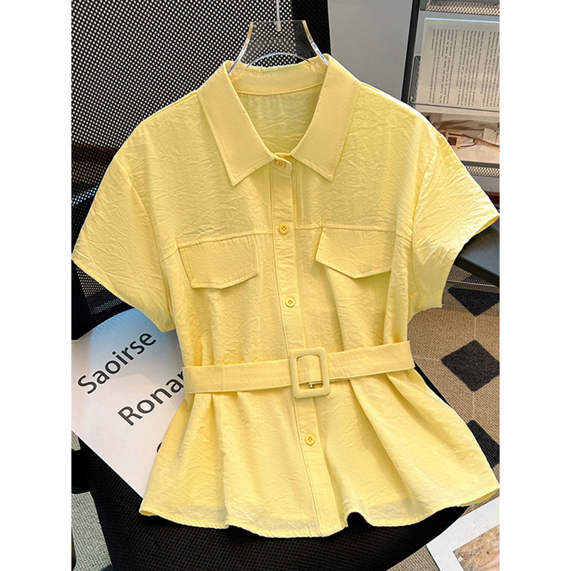 Recomendação auto-reservada ~ 25 verão novo estilo lapela camisa de manga curta Design feminino sentir temperamento estr