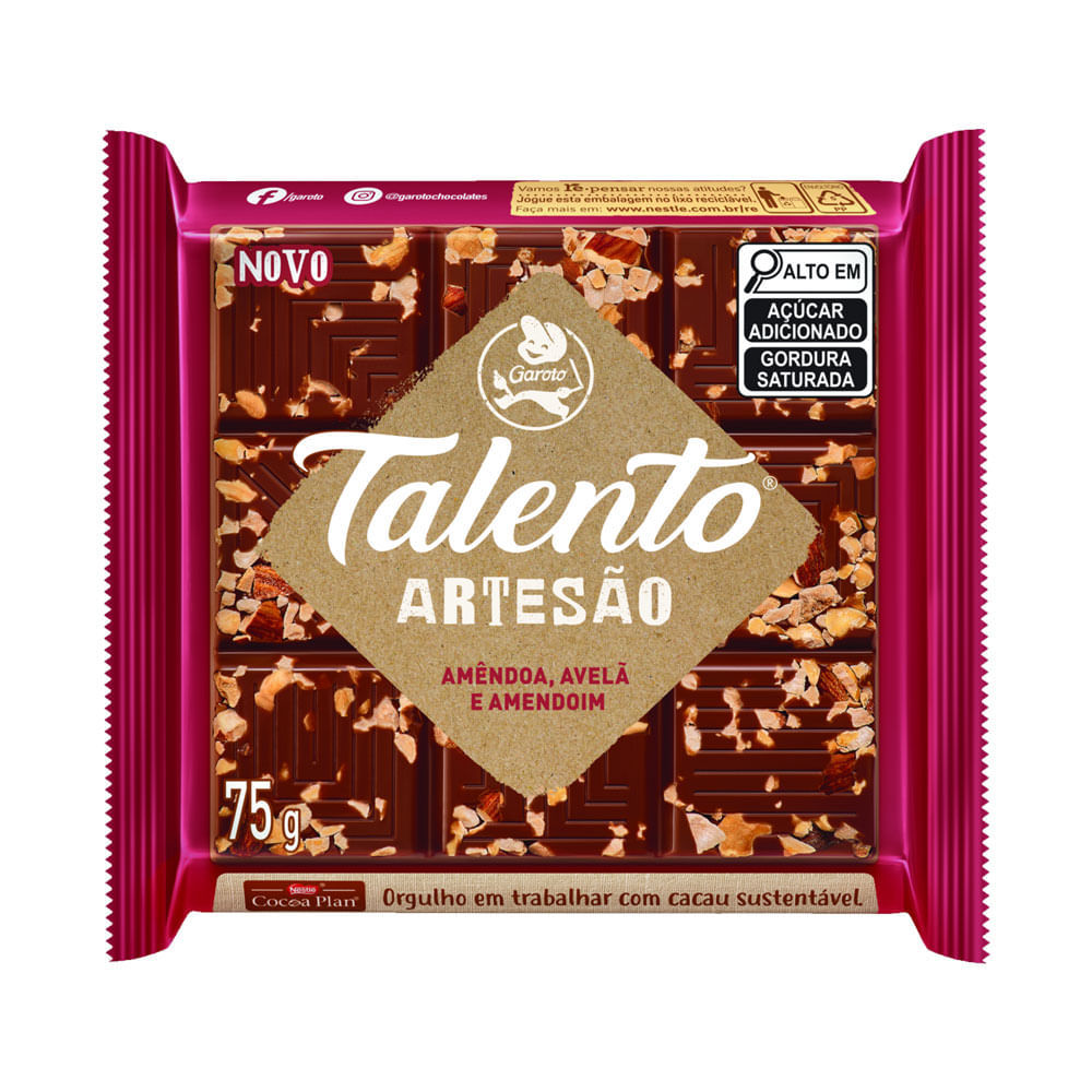 Chocolate Garoto Talento Artesão Amêndoa, Avelã e Amendoim 75g em Oferta na Shopee