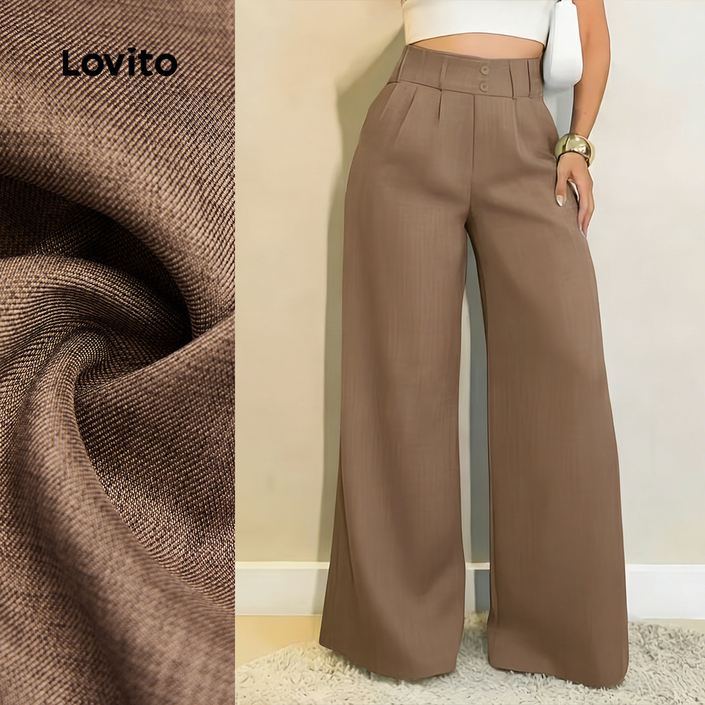 Lovito  Calça Casual Clássica e Versátil de Primavera/verão com Duplo Botão em Caqui para Mulheres. L172LD1423 em Oferta na Shopee