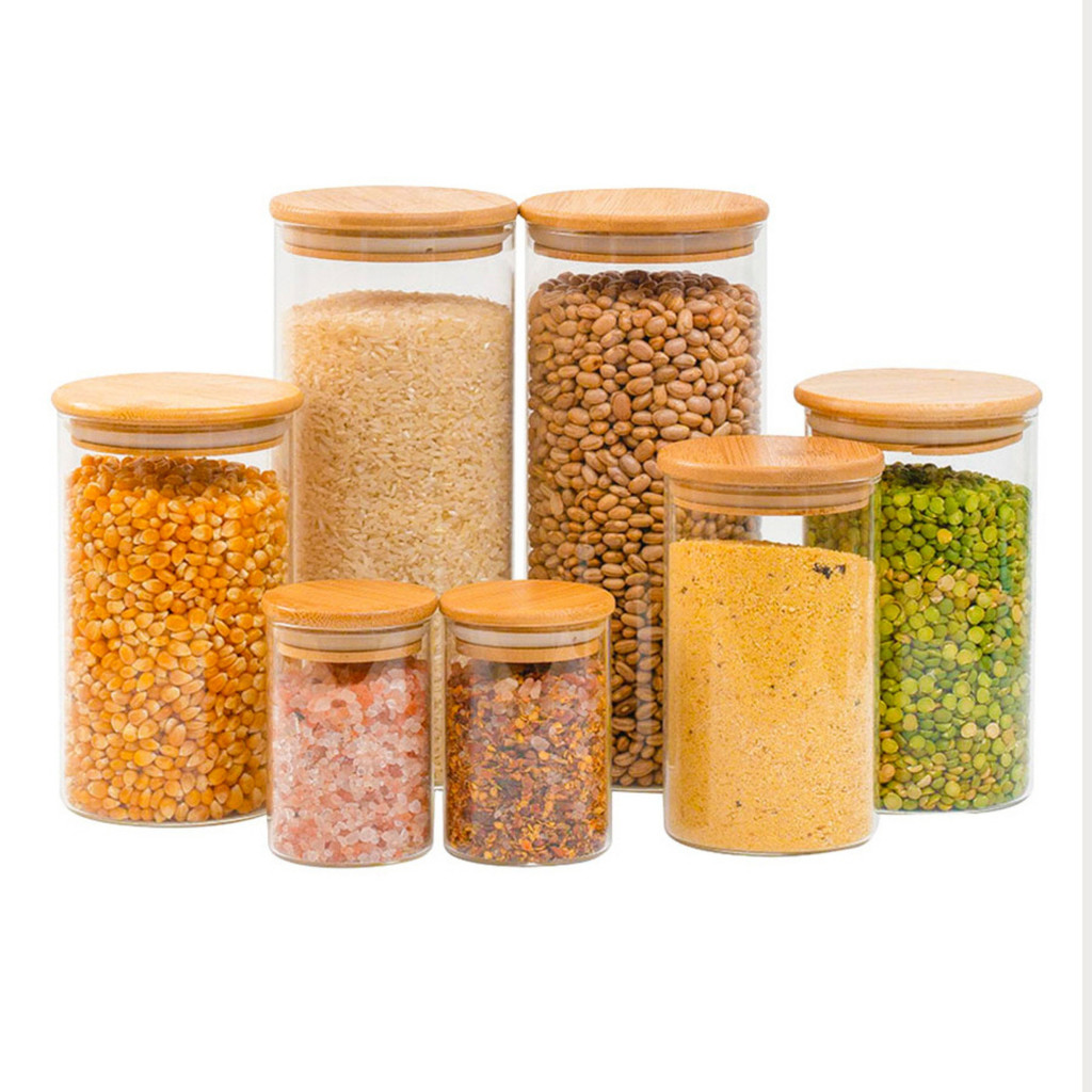 Kit 7 potes de vidro com tampa de bambu herméticos redondos - Tüd