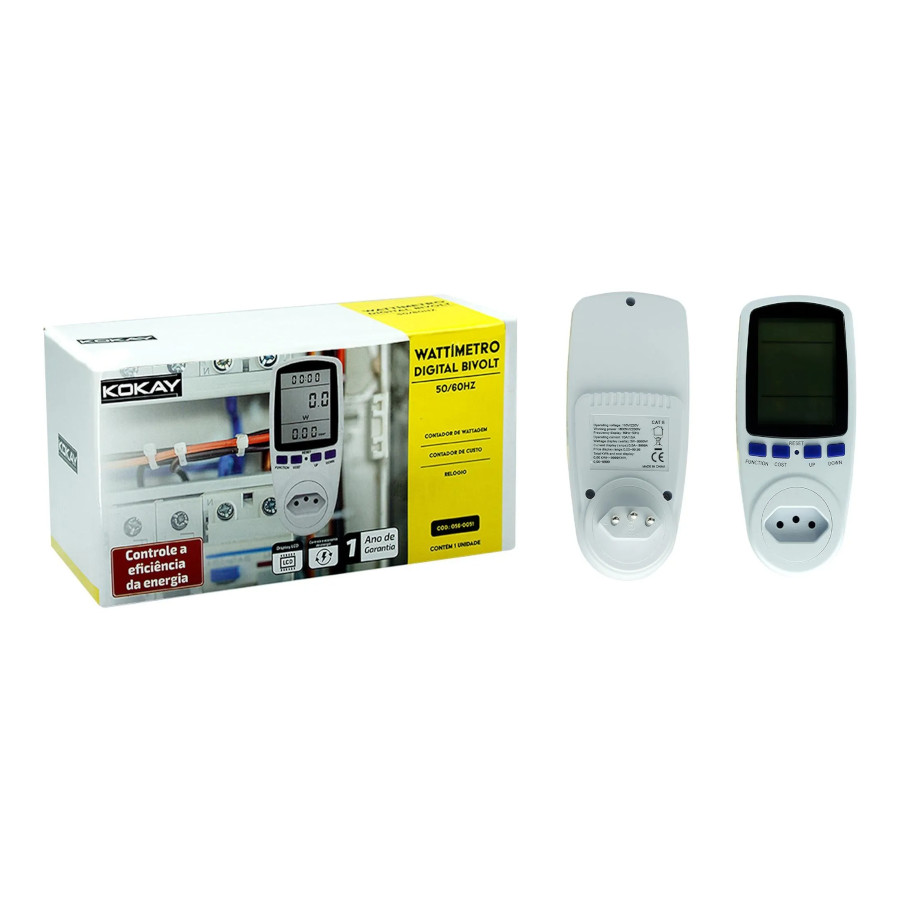 Wattímetro Digital Kokay Bivolt 110V 220V Medidor Consumo Energia 10/15A LCD Custo Eletricidade 60Hz