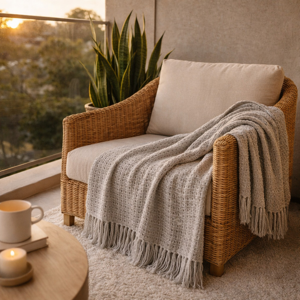 Manta Para Sofá Cama Grande Algodão Noronha Trama Vazada Rede Boho Decorativa Cru Com Franjas 2,40×2,70