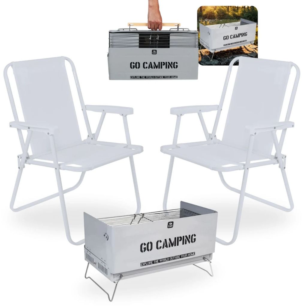 Kit 2 Cadeiras Dobráveis Brancas Até 110 Kg + Churrasqueira Portátil To Go com Alça Vira Maleta a Carvão
