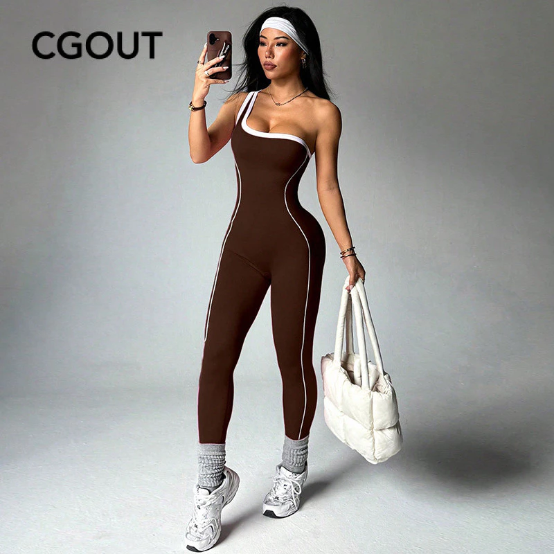 Macacão de um ombro com cor contrastante para ioga, macacão Skinny para mulheres, Fitness, esportivo — imagem 1