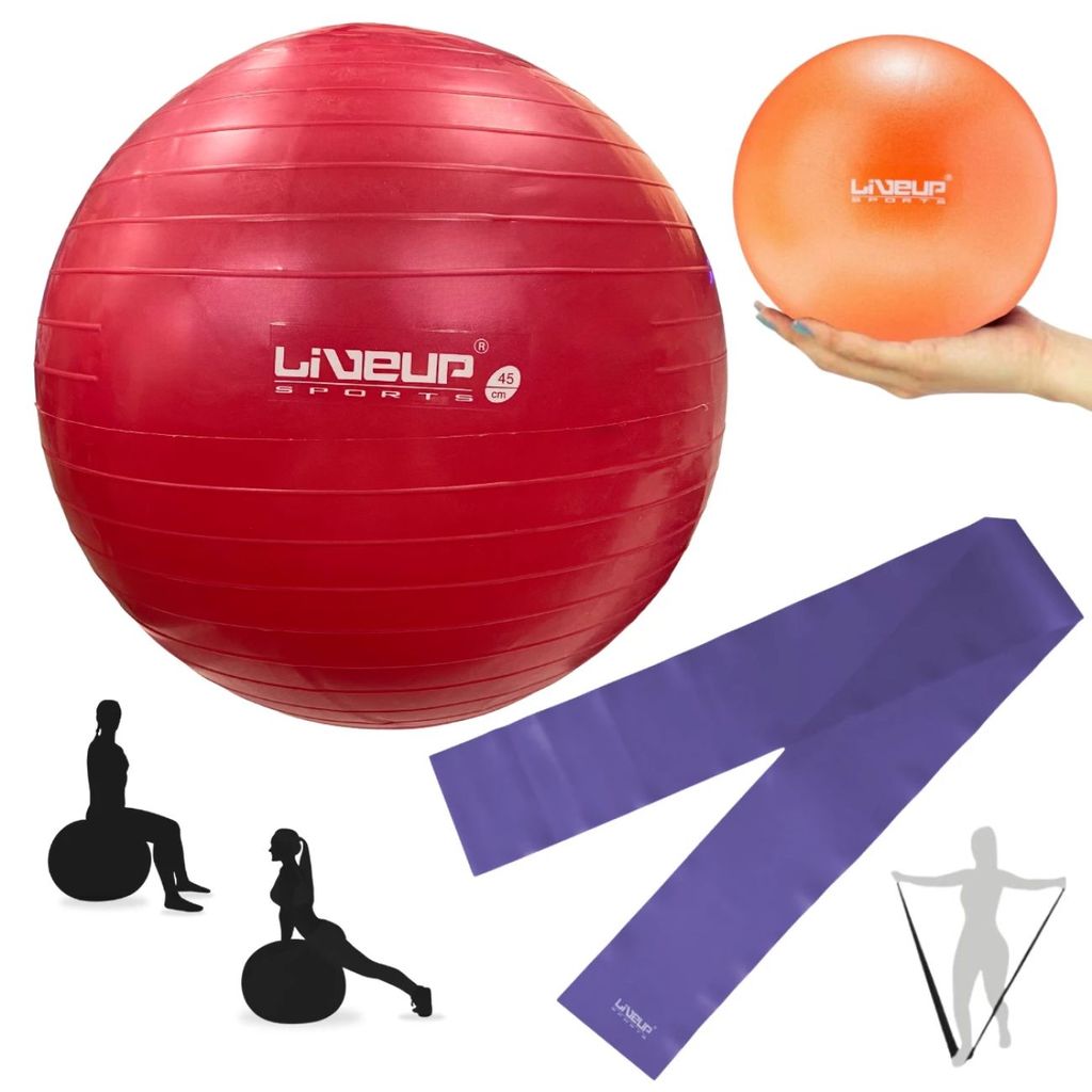 Kit Pilates Bola Suíça 45cm Vermelha + Overball 25cm + Faixa Elástica Média Yoga Ginástica Treino