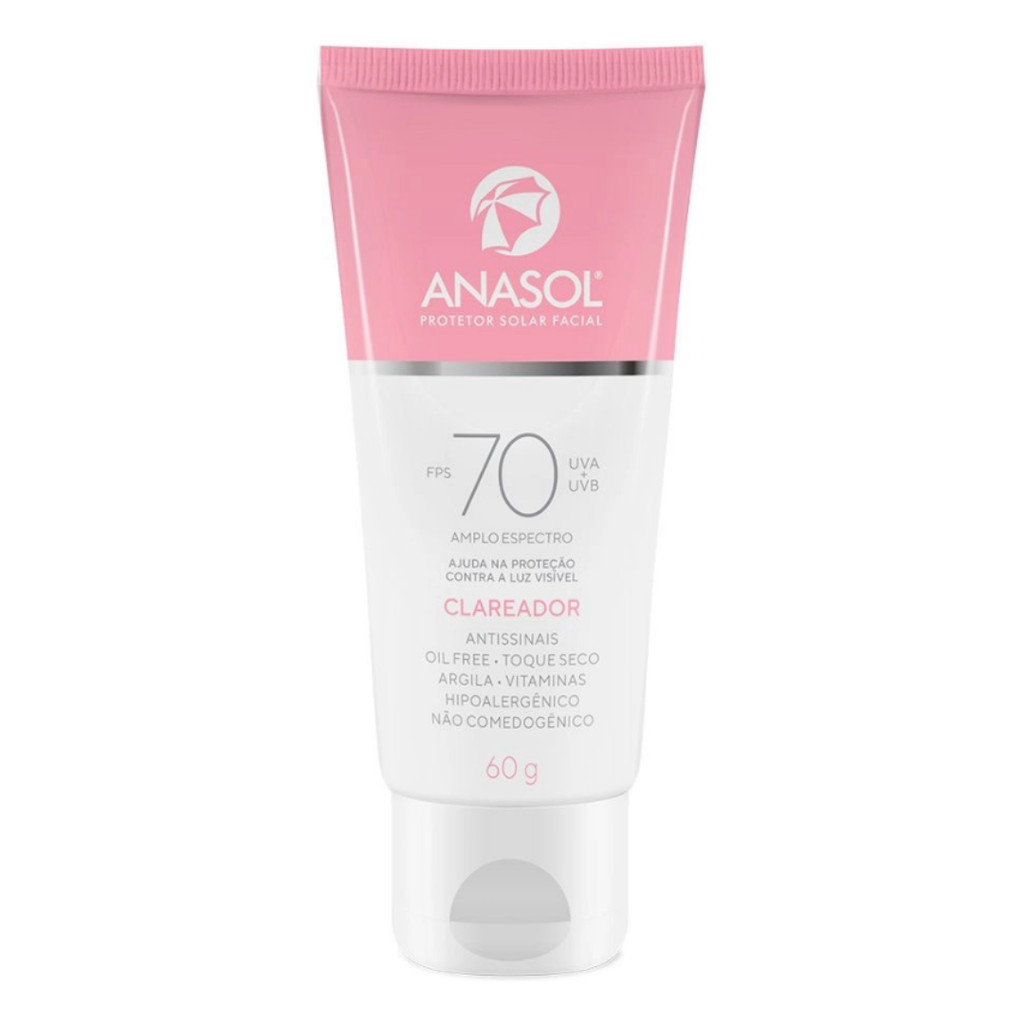 Protetor Solar Facial Anasol FPS 70 Clareador UVA Vegano 60g em Oferta na Shopee